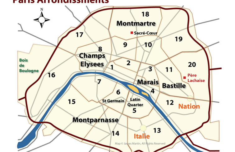 Mappa e guida degli arrondissements di Parigi / Francia