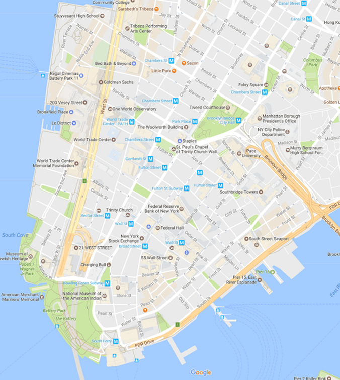 Battery Park en de Financial District Neighborhood Map / New York