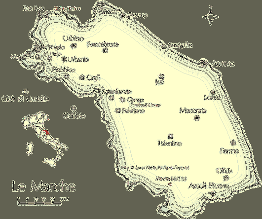 Karta över städer i regionen Marche i centrala Italien / Italien