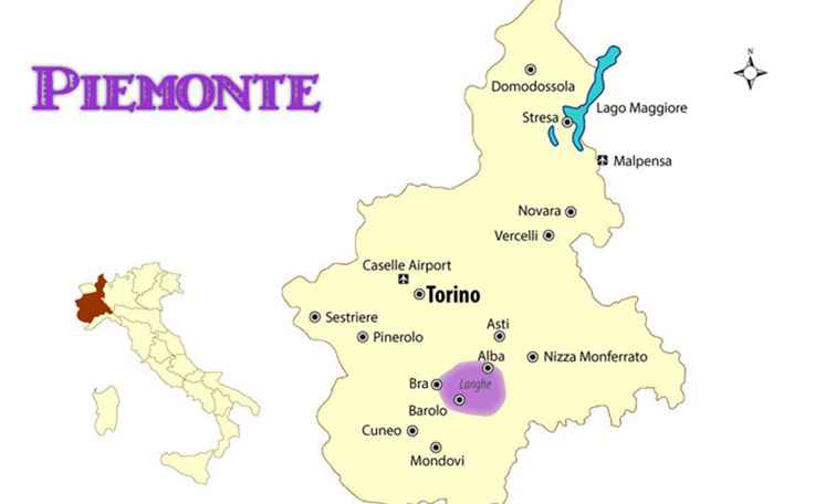 Karta över Piemonte, Italien, Med städer och reseguider / Italien