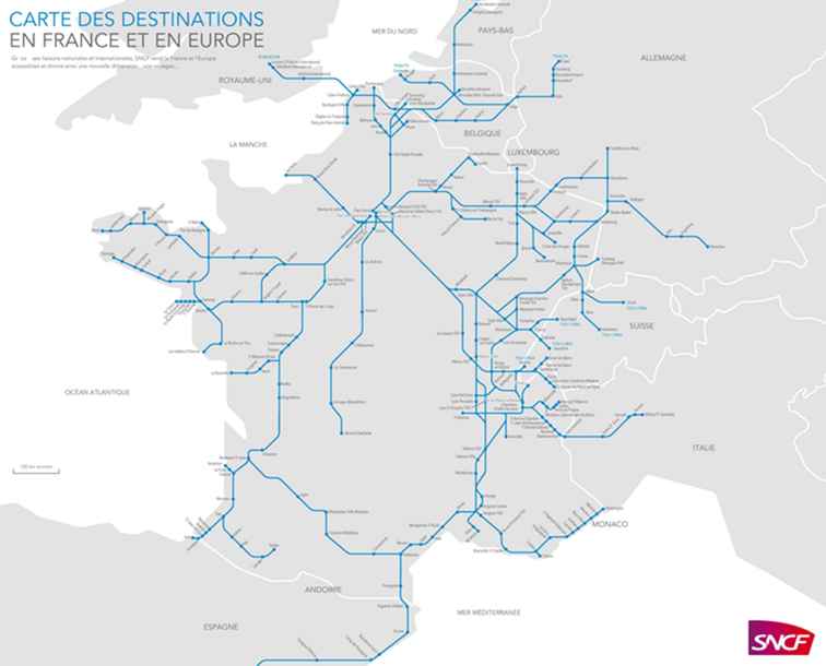 TGV-tågkarta och destinationer i Frankrike / frankrike
